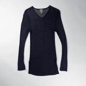 Y2K Black Open Knit Long Sleeve V-Neck See Through Sweater Dress